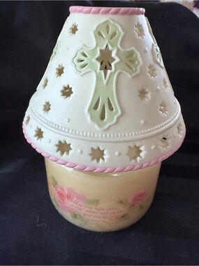 Decorative Ceramic Cross Candle Jar Lamp with Scripture - Pink and Cream